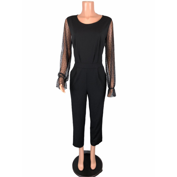 Du Jour Women's Regular Mesh Sleeves Slim Leg Knit Jumpsuit Black Medium Size - Picture 1 of 2